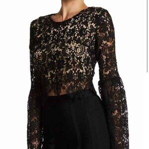 NWOT Gracia Black Crocheted Lace Long Bell Sleeve Cropped Blouse Top L